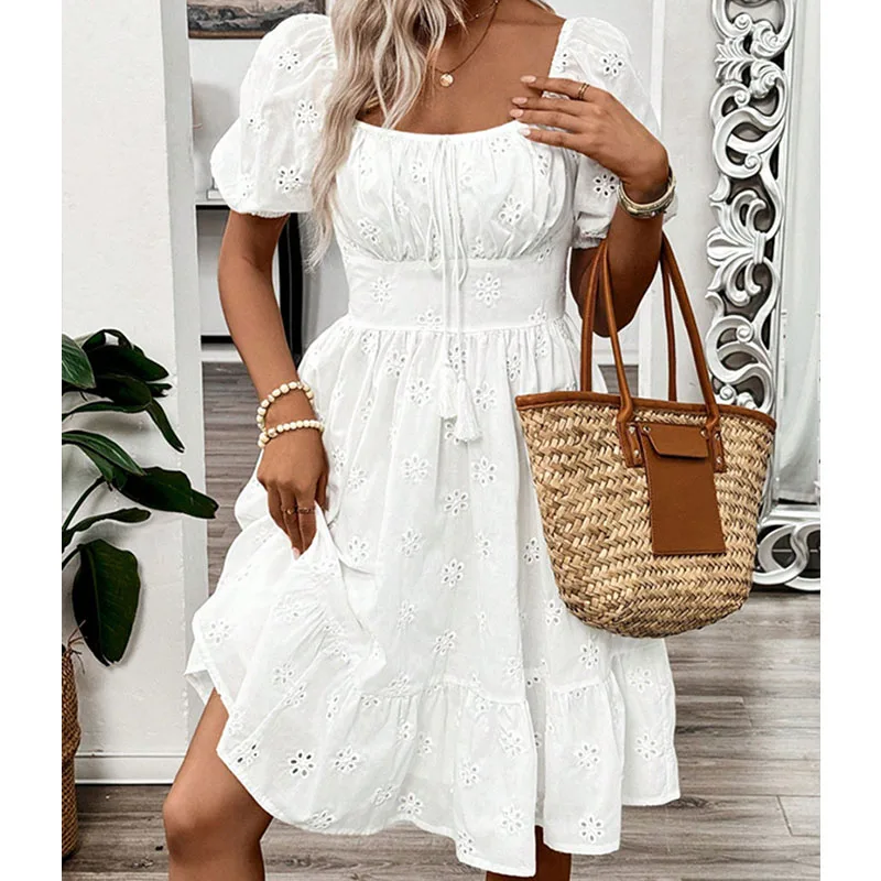 우아한 여성 여름 미니 드레스 섹시한 흰색 스퀘어 칼라 허리 Cinched Beach Sundress Boho Hollow Flower 반팔 드레스