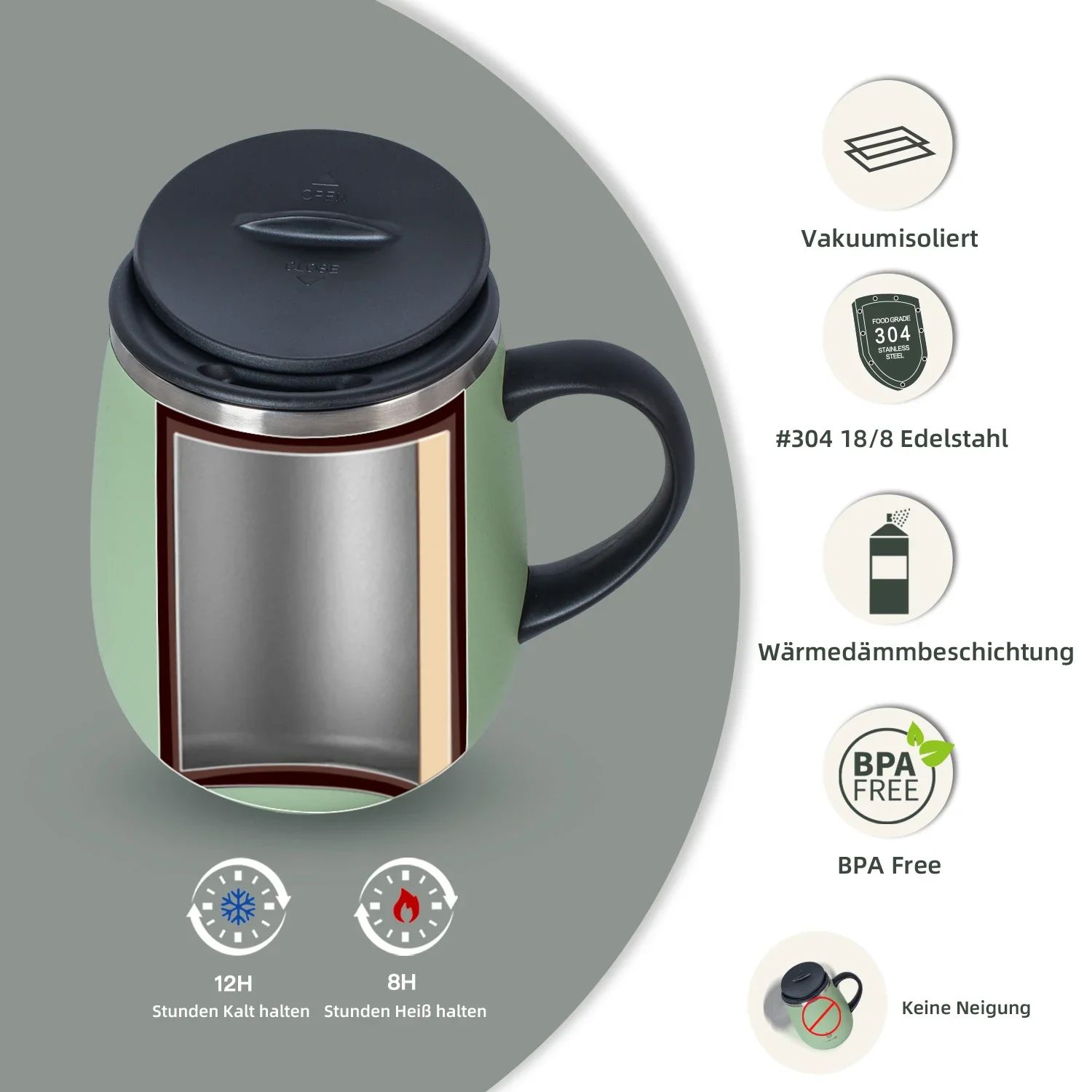 Ideus 470ml Insulated Coffee Cup With Handle And Lid, Double-Layer Stainless Steel Travel Coffee Cup For Home Use
