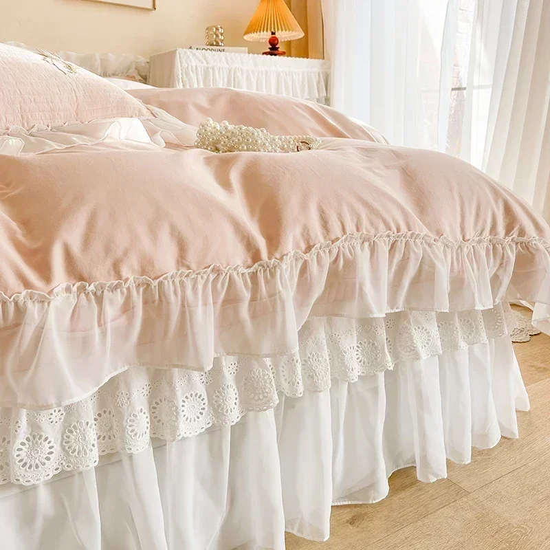 Pink White Grey 100% Cotton Princess Bedding Set Romantic Lace Ruffles Duvet Cover Set Quilted Bedspread Bed Skirt Pillowcases