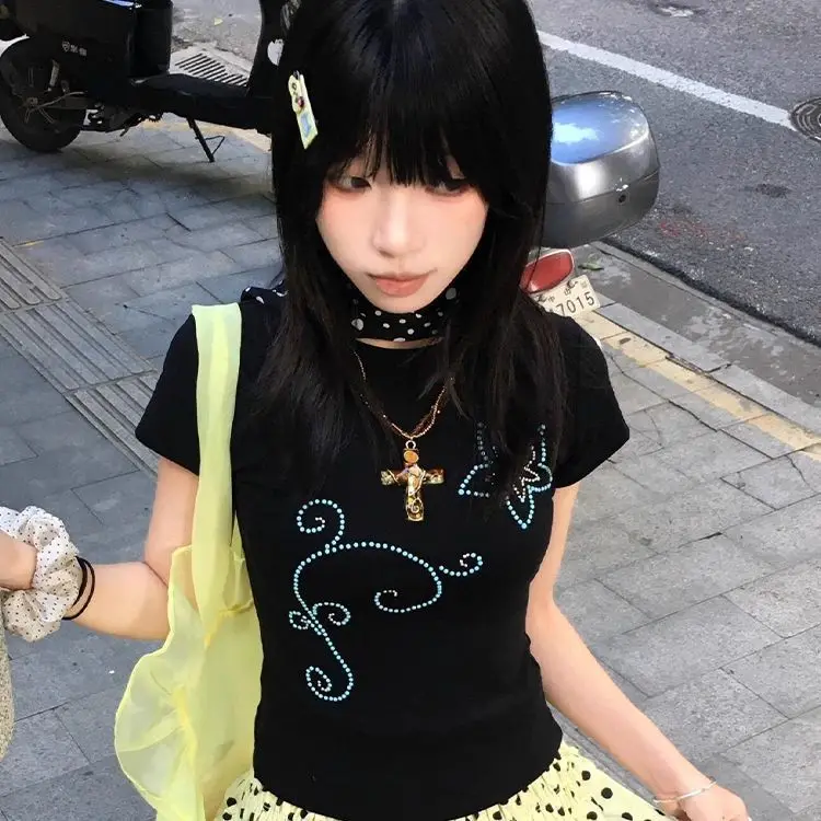 Kawaii Black Regular Fit Short Sleeve T-shirt Women Print Design Slimming Versatile Trendy Charming Ladies