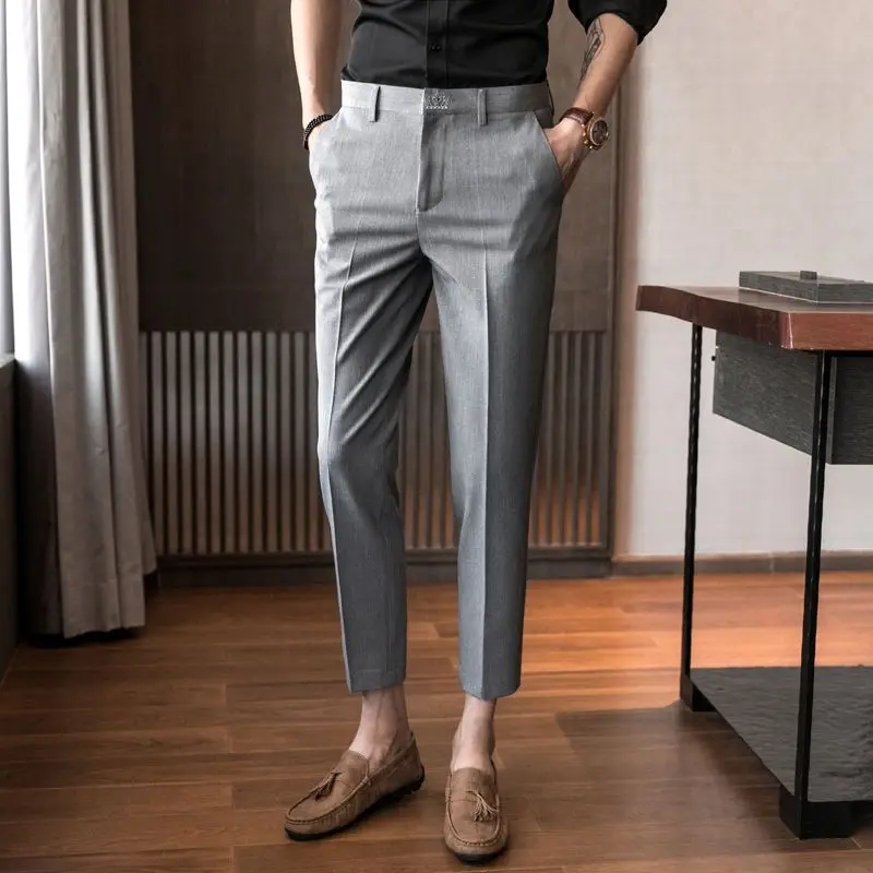 2023 Spring and Autumn Men\'s Solid Color Slim Fit Button Zipper Bright Line Decoration Casual Fashion Elegant Commuter Pants