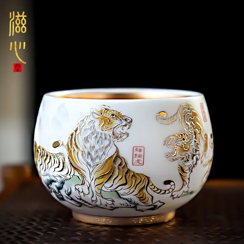 

|tiger masters cup gold five tiger tiger tea light white porcelain teacup a single large special sample tea cup