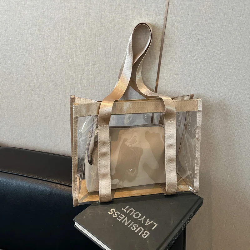 

Solid Colors PVC Transparent Material Large Capacity Zipper Tote Bags for Women 2025 High Quality Mother and Son Bag