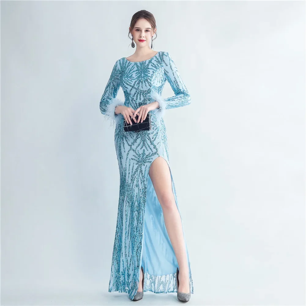 Luxury Elegant with A Bling and Feathers Women Long Dresses Split Sequin Glitter Evening Wedding Guest Special Events Formal