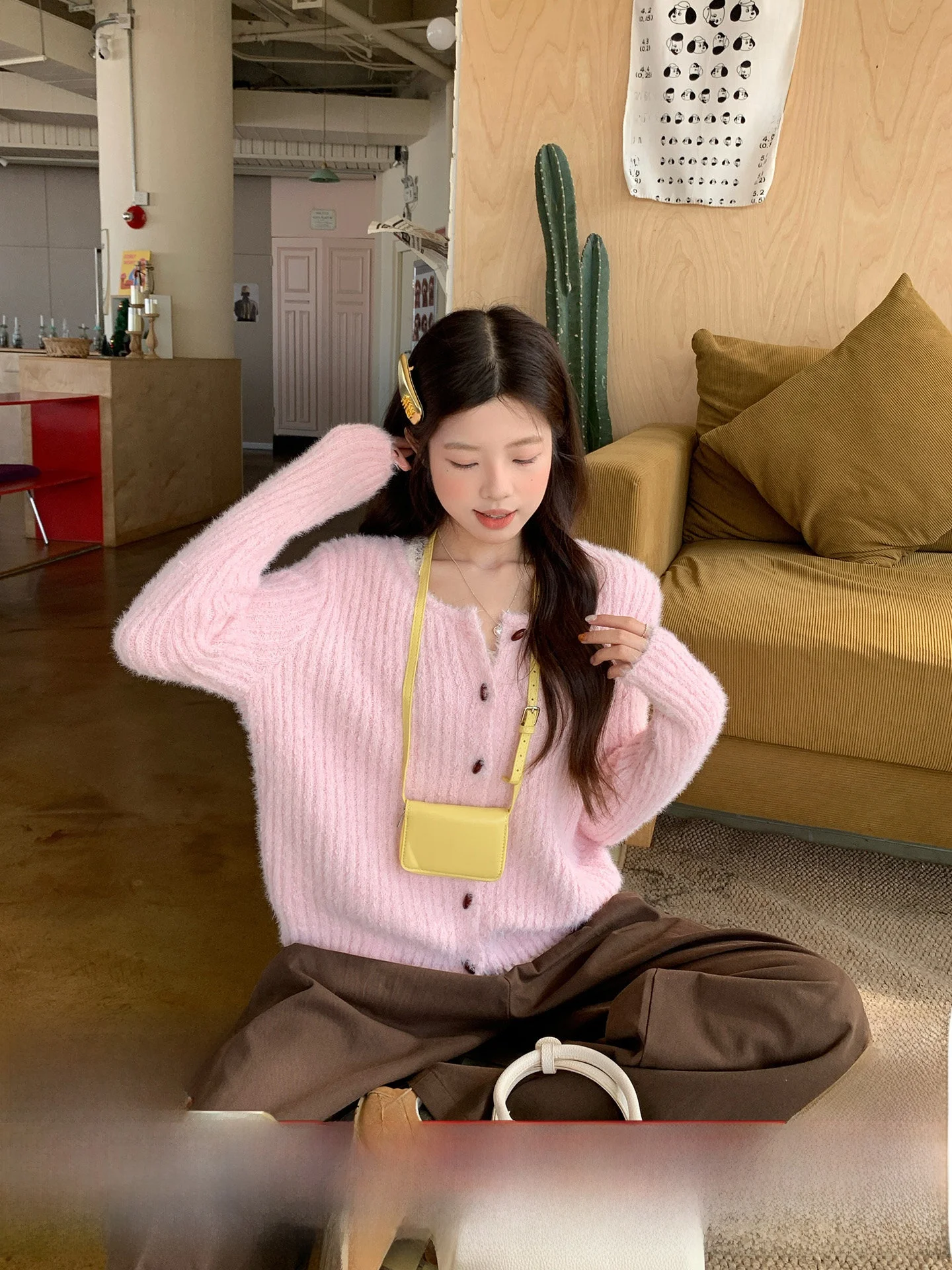 

Pink Knitted Open Cardigan Women's Faionable Korean Sle Sweater Jaet Early Spring Top Soft Long Sve Warm Color