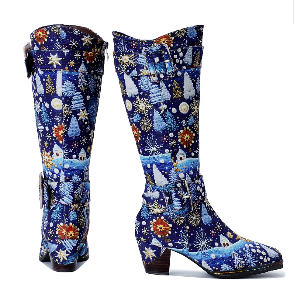 Socofy Raffan Christmas Holiday Snowflake Vintage Print Casual Chunky Heel Comfort Boots