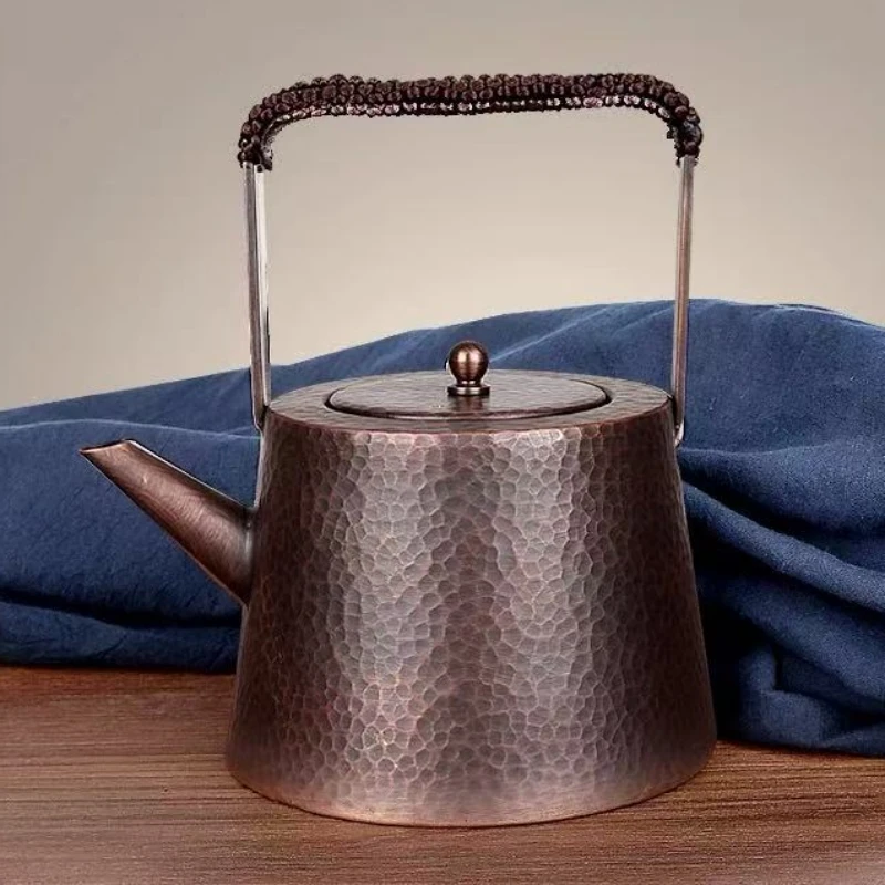 Outdoor Vintage Copper Coffee Kettle,Handcrafted Hammer Texture Weave With lid Handheld Camping Pot,Heat Resistant Filter Teapot