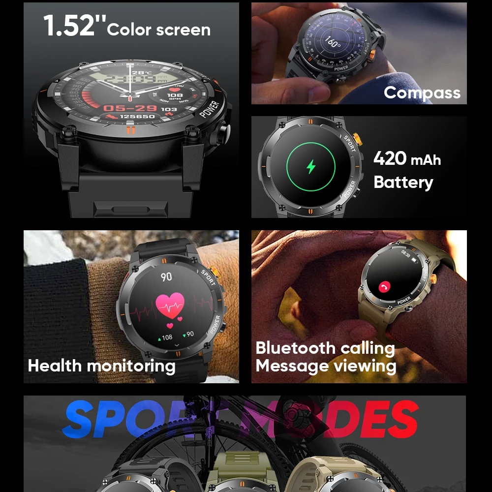 Outdoors Smart Watches Flashlight Compass Waterproof Smartwatch Men Heart Rate Health Monitoring 420mAh Multiple Sports Modes