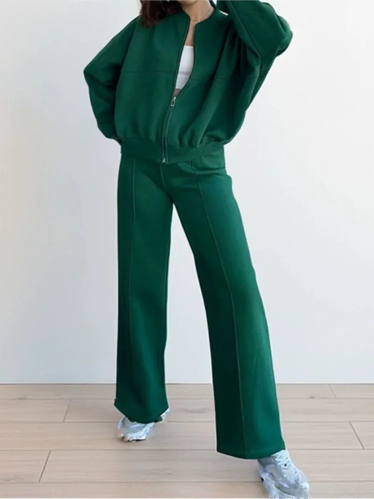 Conjunto deportivo de dos piezas con capucha informal para mujer, Tops de manga larga con cremallera y pantalones de pierna ancha de cintura alta, trajes para mujer para primavera y otoño