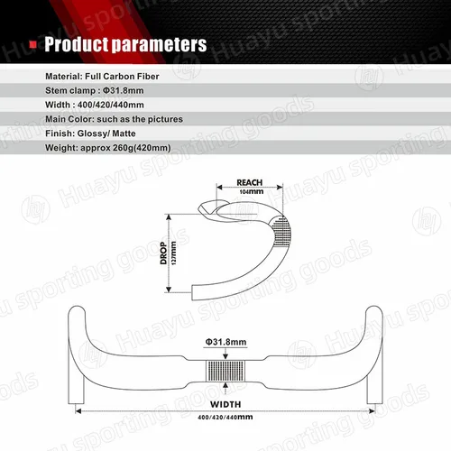 Imagen 2 del producto Manillar de carbono mate con cara de carrera nueva + pegatina brillante, manillar de carretera de carbono UD, caída 127mm, alcance 104mm 31,8*400/420/440mm
