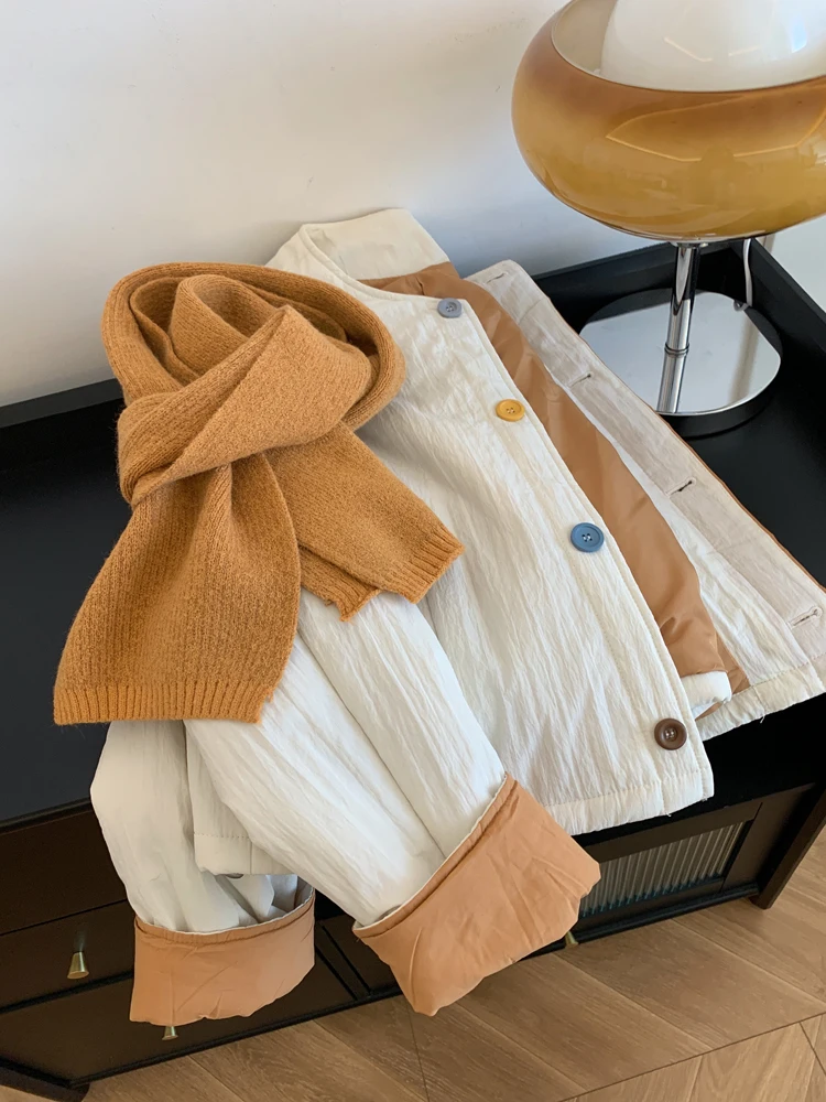 

Свободный крой, круглый хлопковый тюнер с пуговицами, женское и мужское осенне-зимнее корейское простое теплое пальто белого цвета