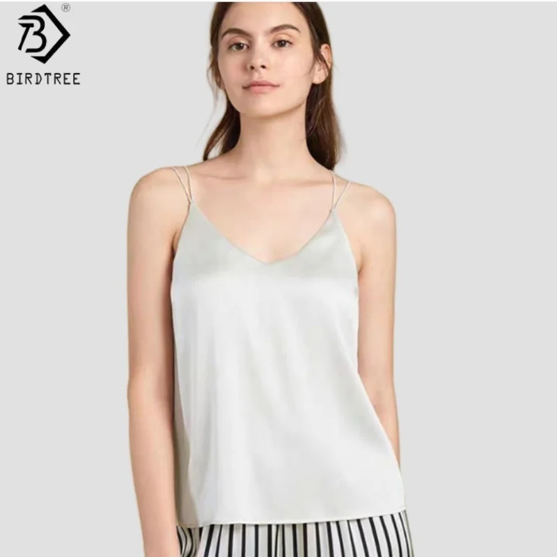 

Birdtree 100% шелковая майка с перекрестными бретелями, женская майка с подушкой на груди, дышащее нижнее белье, жилет, новинка 2025 года, T57611JF