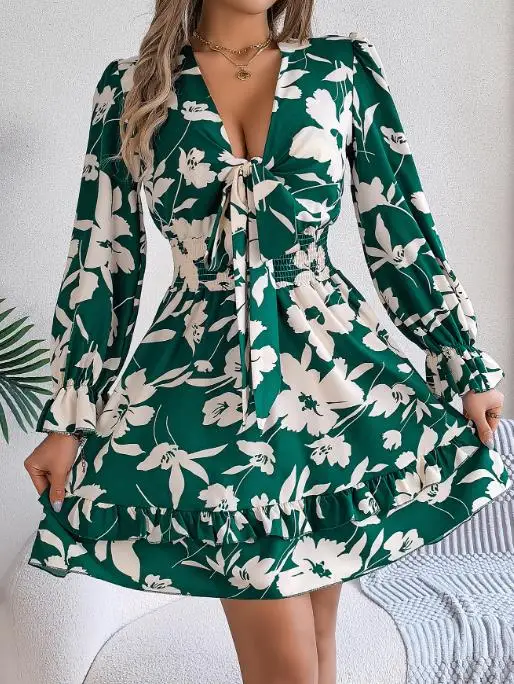 2025年レディースファッション最新ホットセール秋冬カジュアル花柄レース長袖耳飾りAラインスカート婦人服