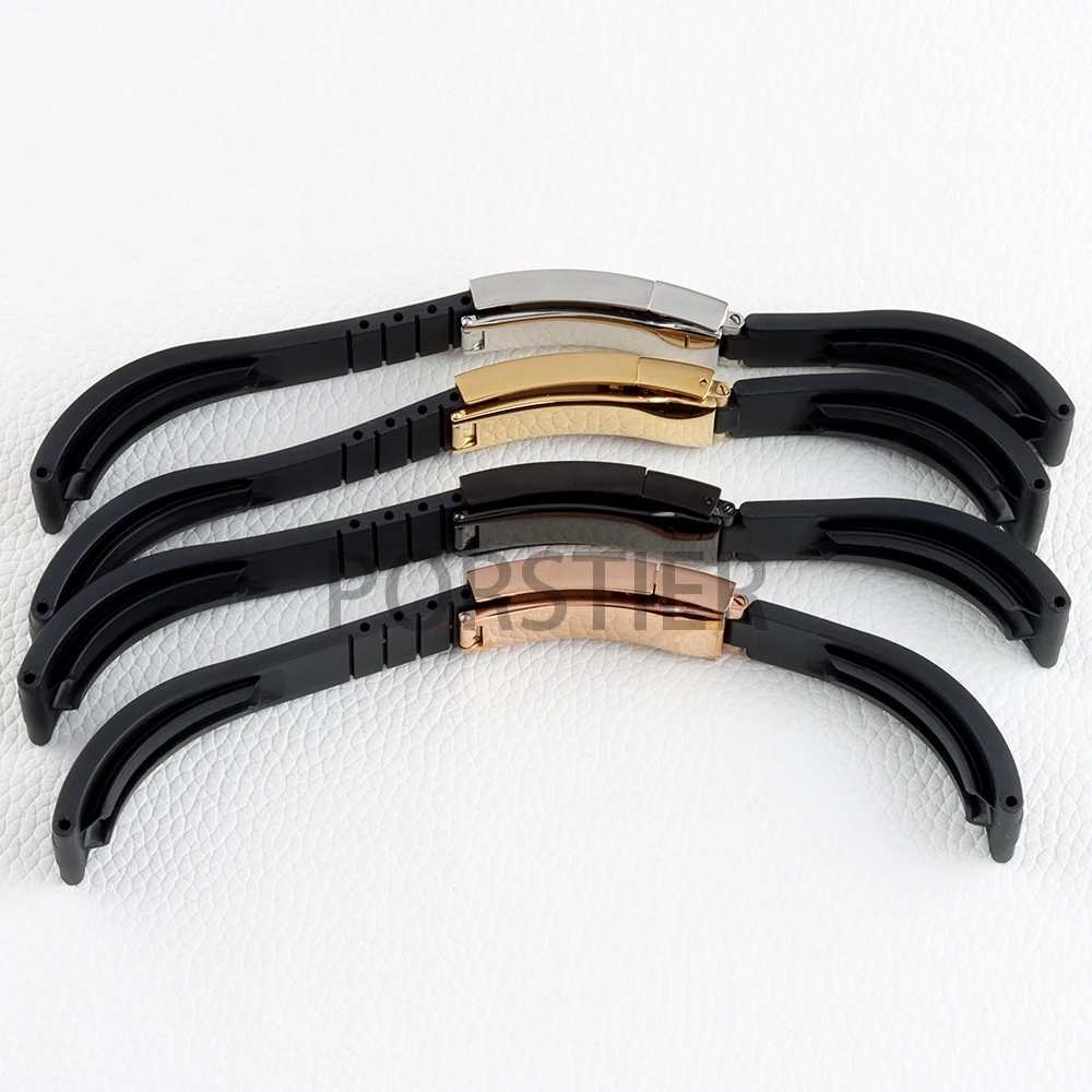 أسود 20 مللي متر عرض حزام الساعات سوار مطاطي فضي/أسود/ذهبي وردي/ذهبي صلب 316L مشبك من الفولاذ المقاوم للصدأ حزام مطاطي #4