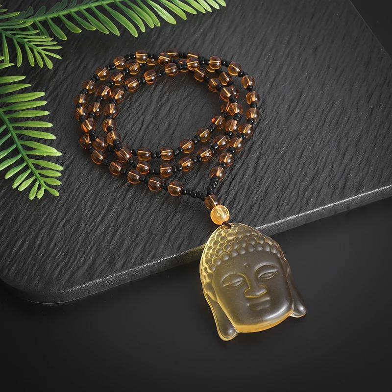 Gold Color Crystal Buddha Pendant Sakyamuni Buddha Head Necklace Bead Chain Men and Women Religious Prayer Amulet Charm Jewelry