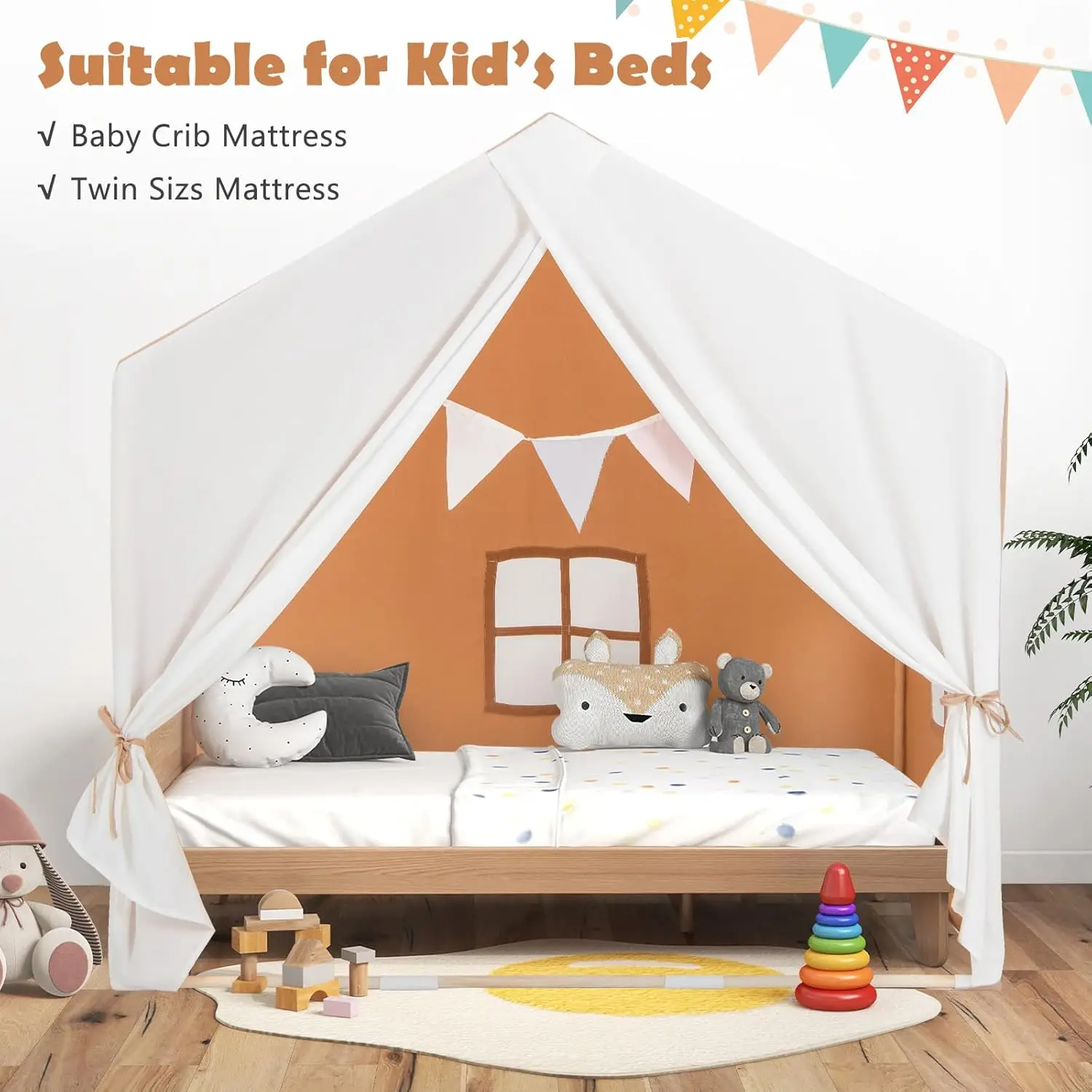 Kids Play Tent, Toddler Tent Indoor Playhouses with Mat, Windows, Curtain, Solid Wood Frame, 52" x36" x 52", Large Children Prin