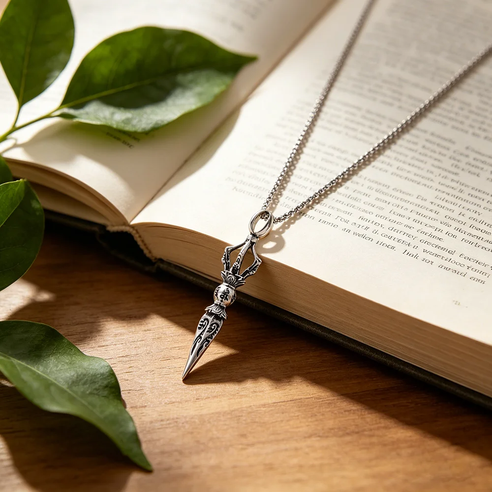 Tibetan Buddhist Dorje Phurba Dagger Pendant Necklace Vajra Pestle Necklace Retro Religious Protection Amulet Jewelry