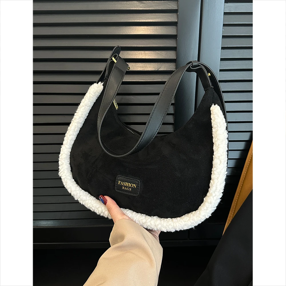 Retro Women\'s Lamb Woolen Suede Shoulder Bags 2023 Winter New Trend Plush Patchwork Underarm Pack Designer Ladies Crossbody Bags