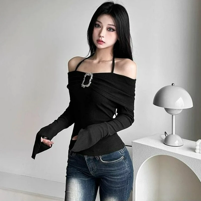 Modna, gruba, ocieplana warstwa bazowa, koszulka damska 2026, nowy zimowy styl, długi rękaw, bluzka z jednym ramieniem, z zapięciem na klamrę typu tower buckle, top na ramiączkach.