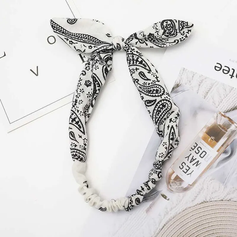 2 Pcs Printed Rabbit Ear Knotted Hair Band With Cashew Nut Printed Fabric Cross Elastic Headband Headwear