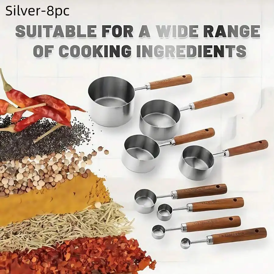 8-Piece Measuring Cup And Spoon Set | Wooden Handle, Metric And US Units Of Measurement, Silver Polished Surface, For Kitchen Co