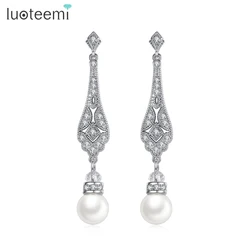 LUOTEEMI Imitation Drop Pearl Earrings for Women Long Tassel Water Drop Bridal Earring Cubic Zirconia Elegant Girl Accessories