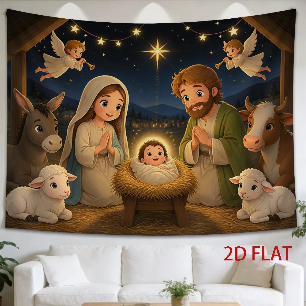 Nativity Scene Tapestry, Holy Family & Baby Jesus Manger, Christian Christmas Wall Hanging, Religious Nursery Decor, Angel Art