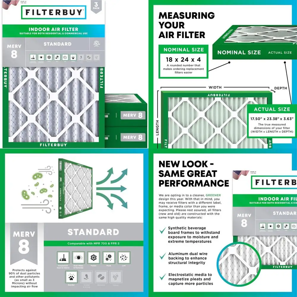 

Air Filters 18x24x4 MERV 8 Dust Defense Replacement 3-Pack Pleated HVAC AC Furnace Filters Long-Lasting Efficiency
