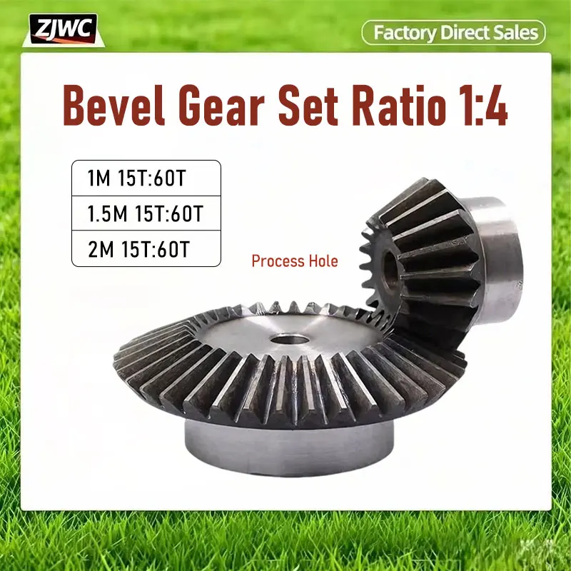 Ratio 1:4 Straight Bevel Gear 1M15T 60T 1.5M15T-60T 2M 15T 60T 90 Degree Drive 45# Steel Quenched High Precision