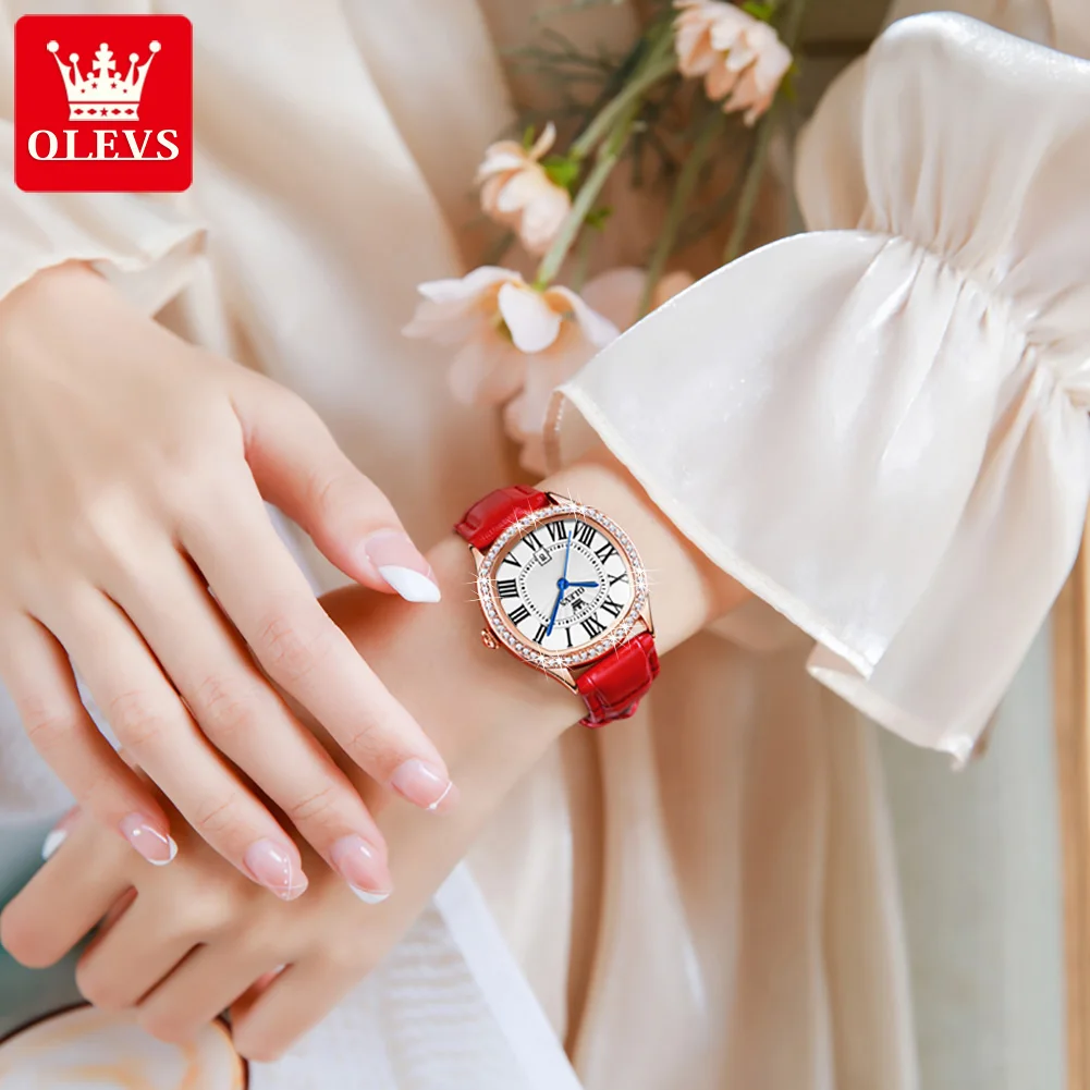 OLEVS 5511 relojes de cuarzo para mujer, elegante correa de cuero a la moda, relojes impermeables, reloj de pulsera Retro con diamantes cuadrados para mujer