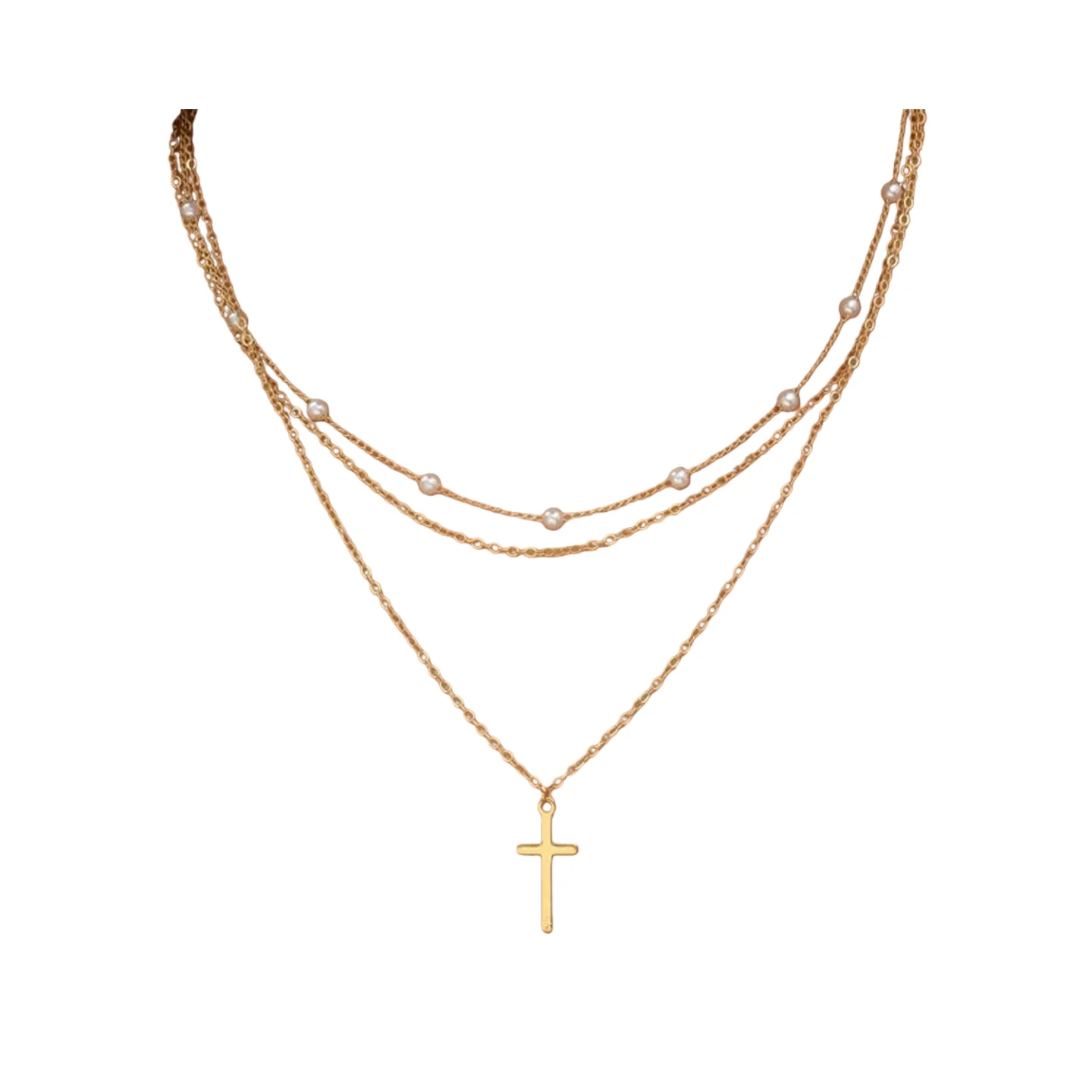 عقد متقاطع متعدد الطبقات بلون ذهبي جديد لعام 2025 (قطعة واحدة) مزين باللؤلؤ إكسسوارات يومية عصرية وأنيقة