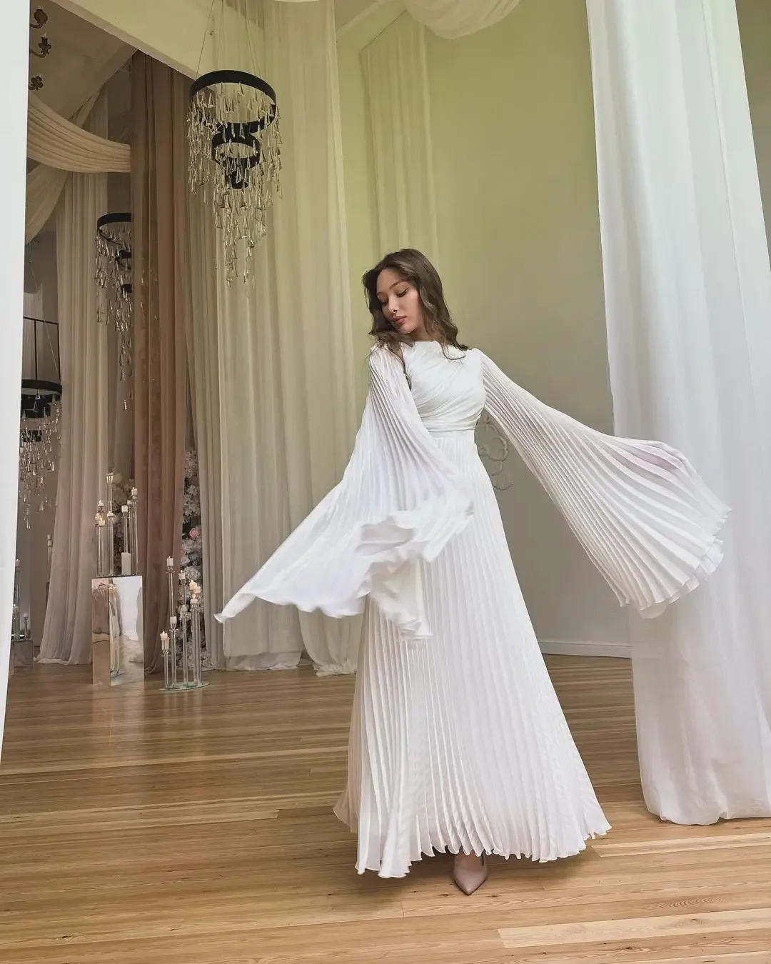 シャロンは言った-ピンクのプリーツイブニングドレス女性用,フレアスリーブ付きのカスタマイズされたドレス,結婚披露宴,プロム,ドバイ,sf070