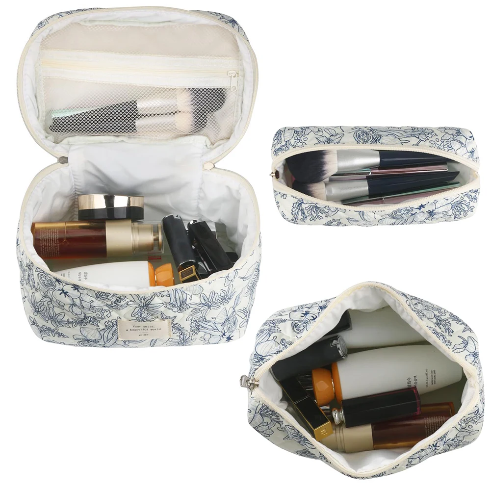 

3Pcs Floral Makeup Bag Cotton Quilted Makeup Organizer Storage Bag Large Capacity Cosmetic Organizer Case with Zipper for Women
