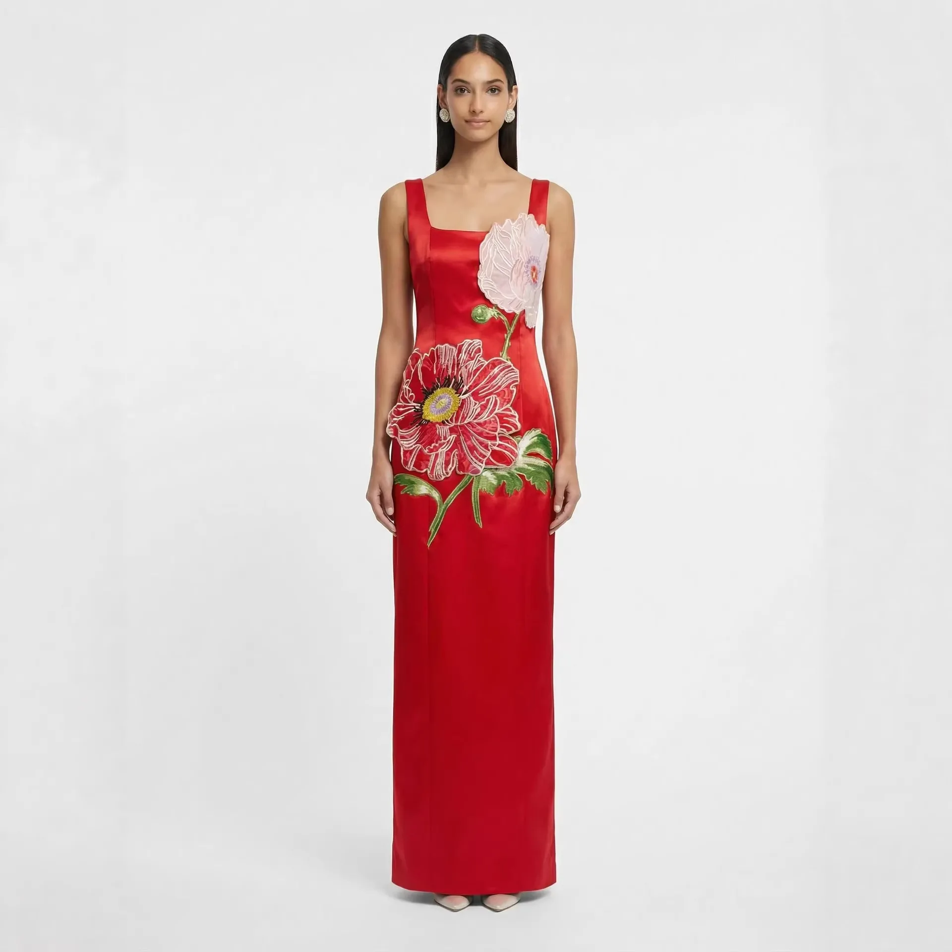 

Elegant Square Collar Embroidered Large Flower Print Maxi Dress Patchwork Strap Long Dress Spring 2026 Women's Fashion Dress