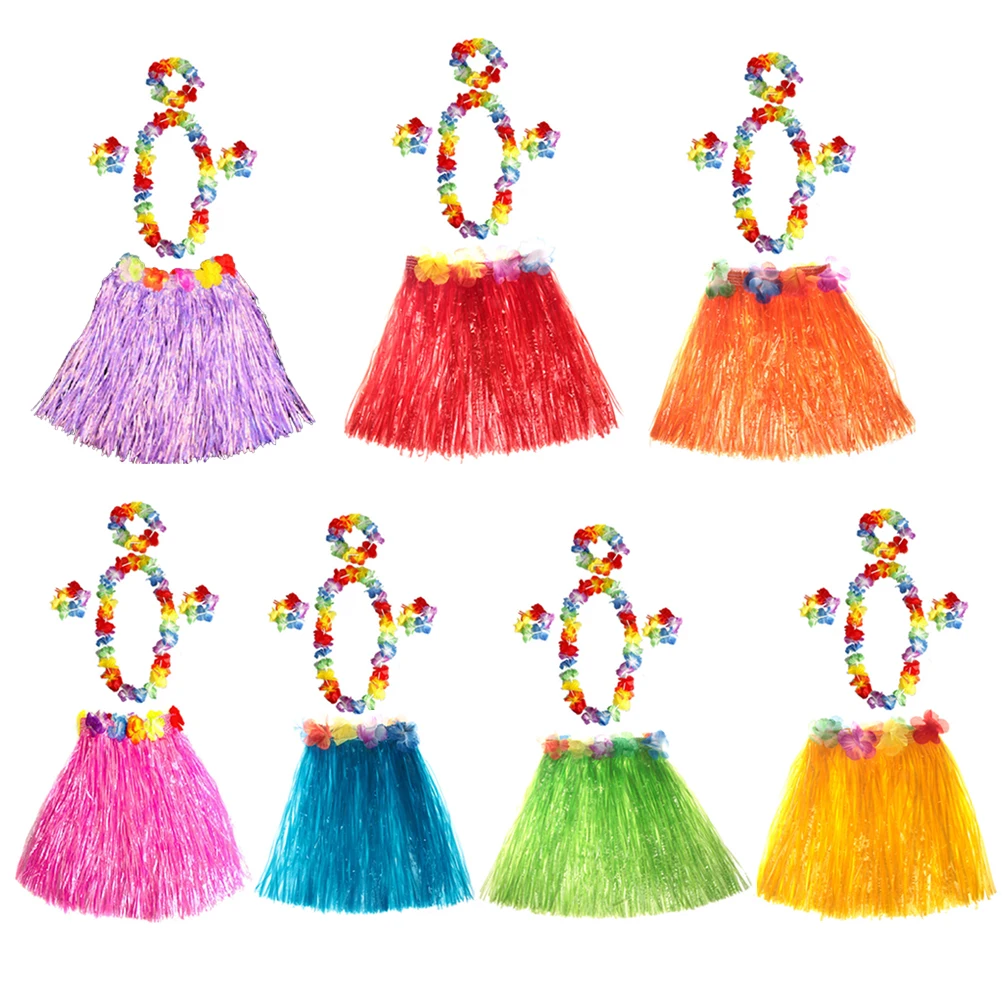 

Children's Hula Dance Costume Tropical Grass Skirt Hawaii Colorful 7 Sets Kids Hawaiian Luau Party Accessories