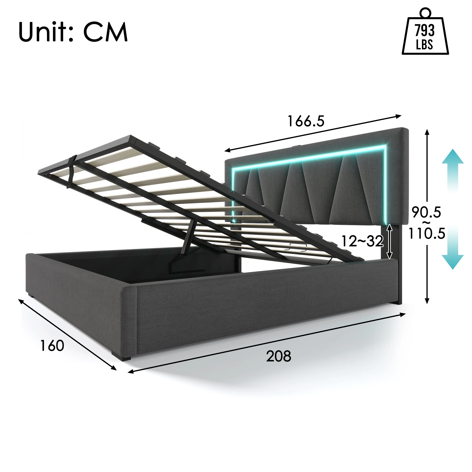 Upholstery bed LED double bed with USB Type C charging function and LED lighting, linen storage bed bed frame, youth bed 160x200 cm with slatted frame (without mattress)