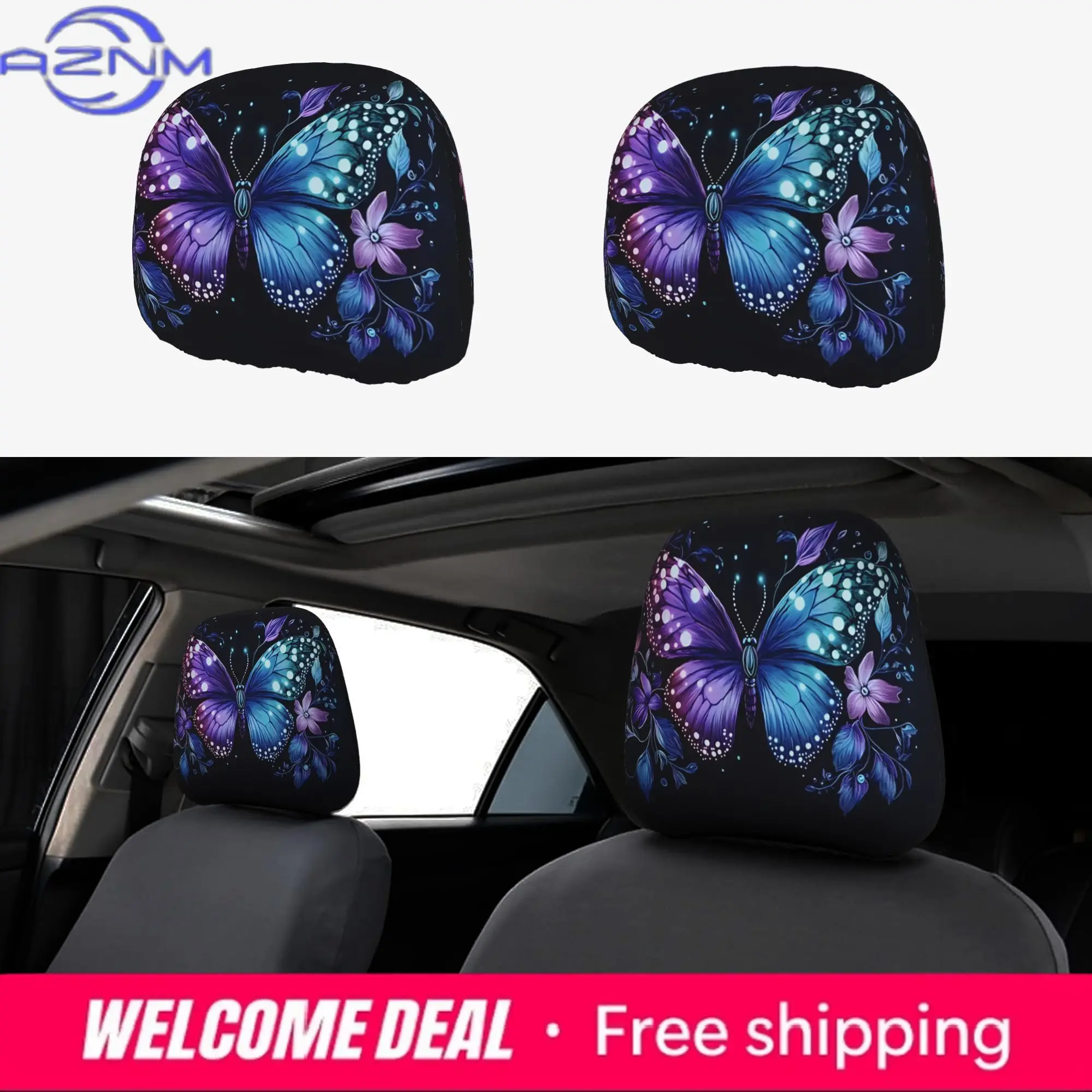 2pcs Set Colorful Butterfly Cartoon Car Headrest Covers Comfortable Seat Protectors Durable Interior Decor for SUVs Sedans