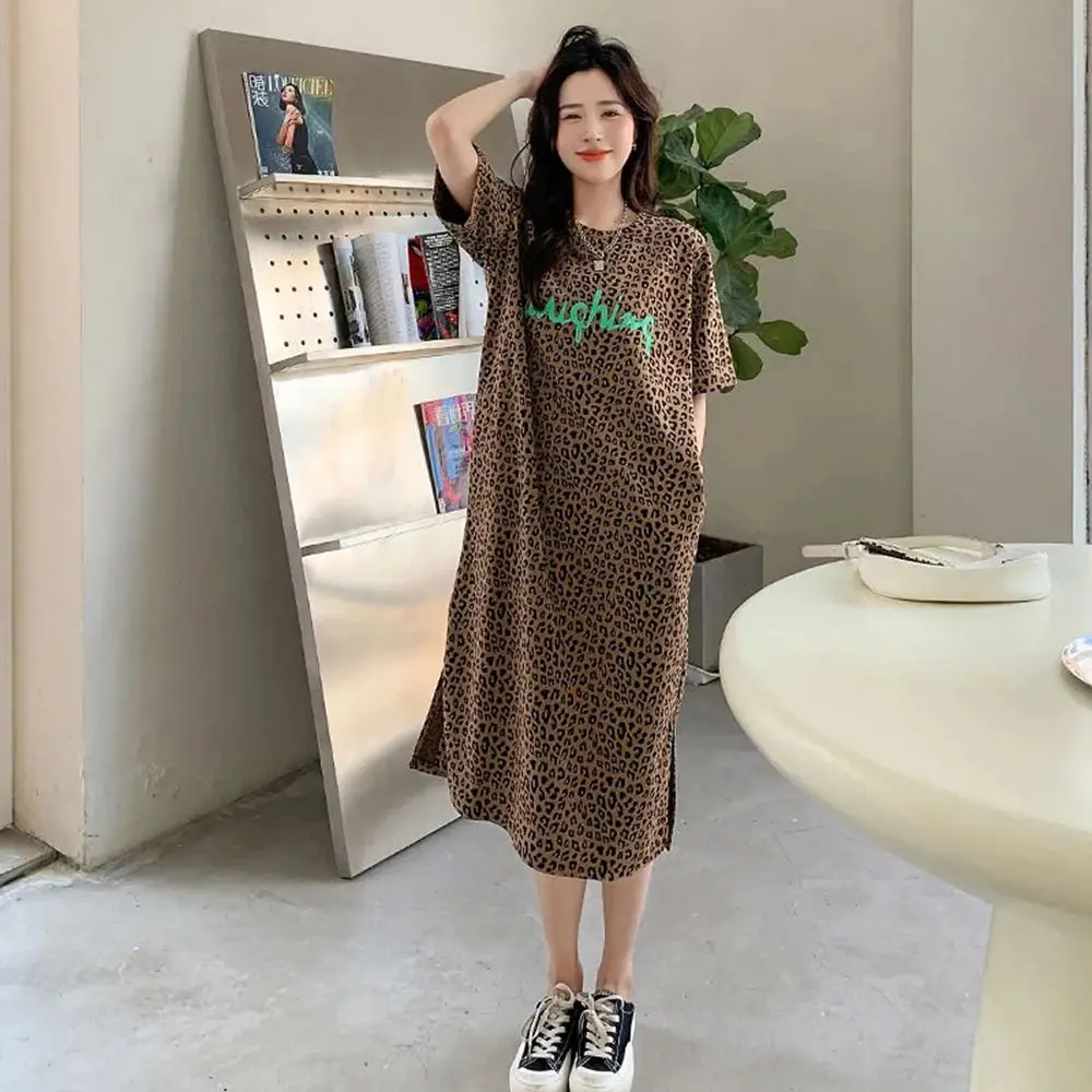 Plus Size 6XL 150KG Women Casual Leopard Print Dress Fashion O-neck Short Sleeve Long Dresses  Female Maxi Dresses