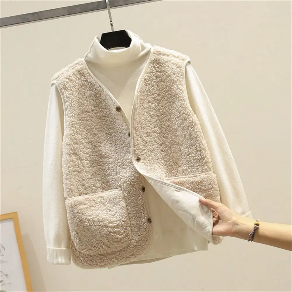 Fashion Lamb Hair Winter Fleece Vests Thermal Solid Color Button Waistcoat Short Type Warm Thick Ladies Coats for Spring Autumn image 2