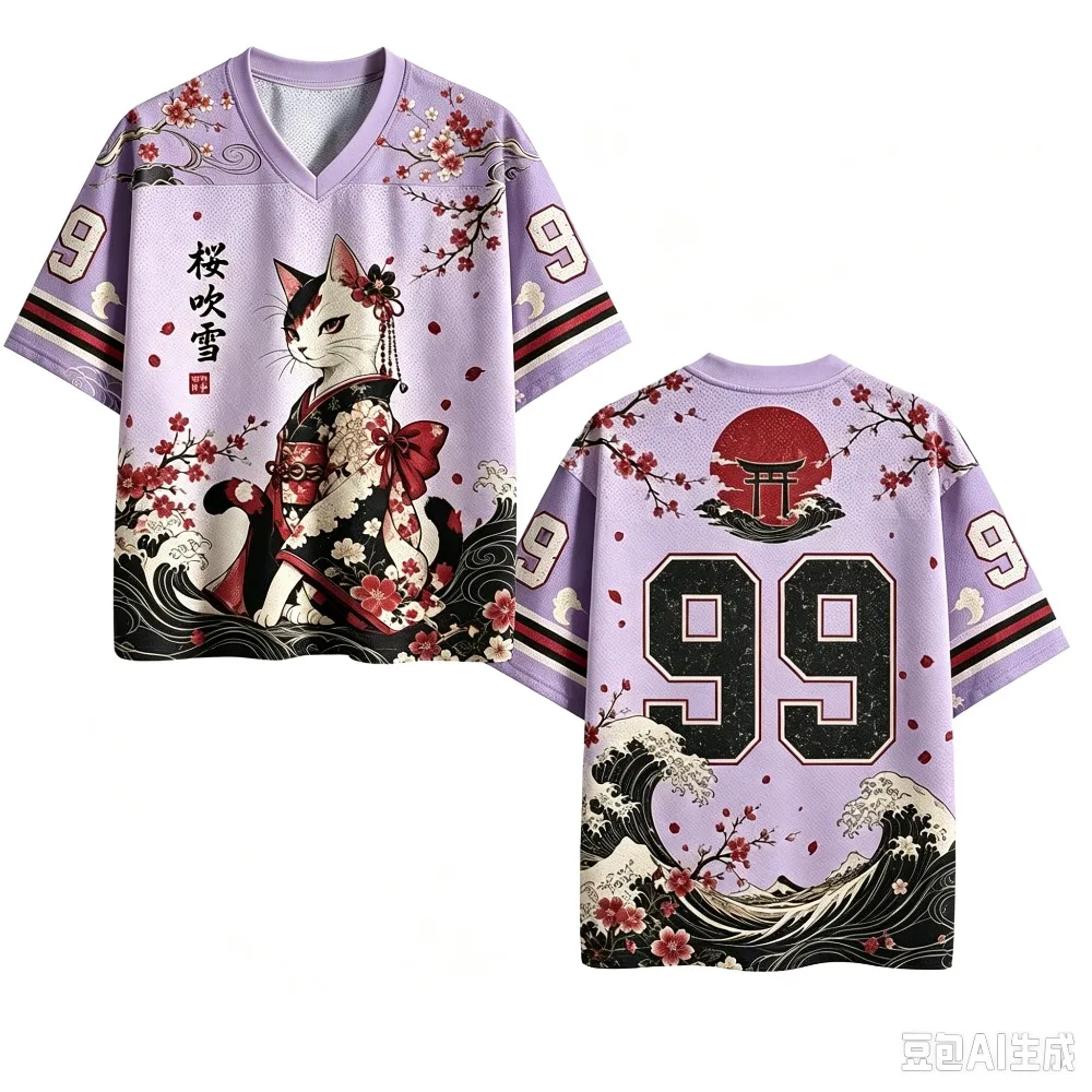 Japanischer Stil Kirschblüten-Katze 3D-Druck Schnelltrocknend Atmungsaktiv Sport Herren Damen V-Ausschnitt Loses T-Shirt Modisches Y2K Parentagl Kleidungsstück – Detail 3