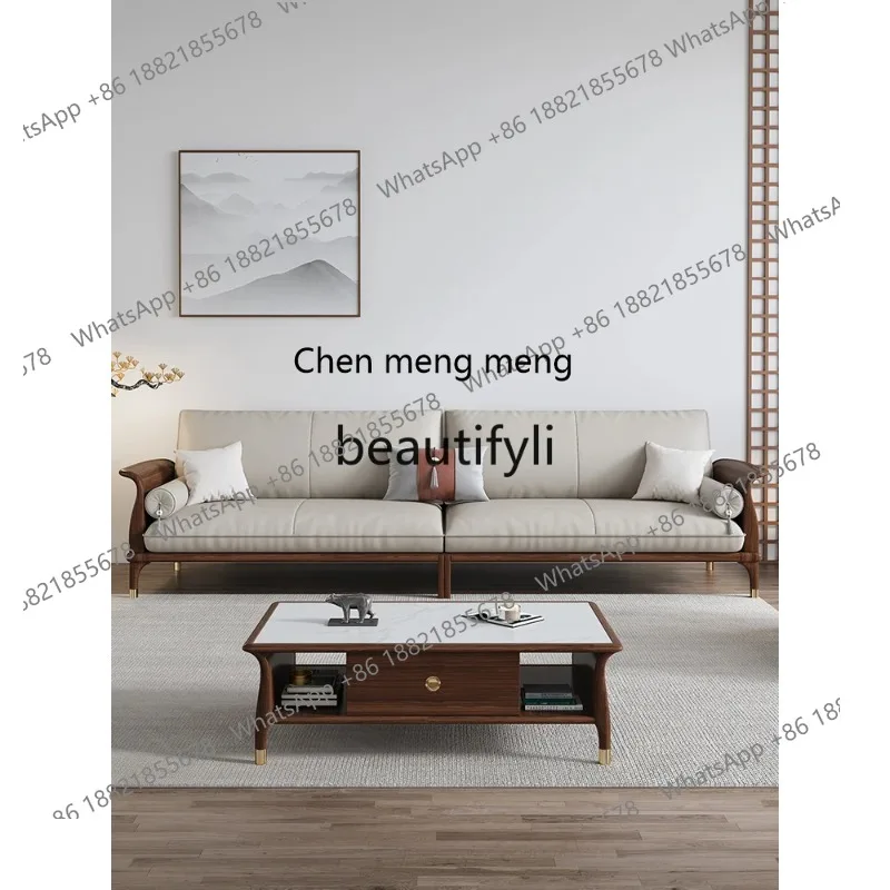 X  QQ132 New Chinese Style Solid Wood Sofa Set for Small and Large Living Rooms Genuine Leather Sofa Furniture Set