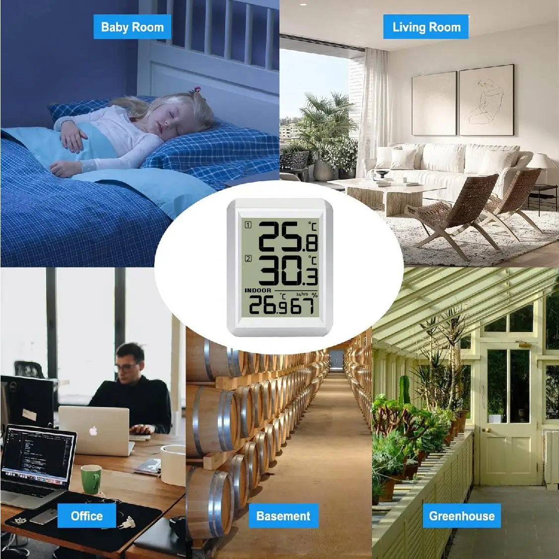 Wireless Indoor Outdoor Thermometer Hygrometer with Large LCD Display 24H Min/Max Record Multi-Room Use for Home Office