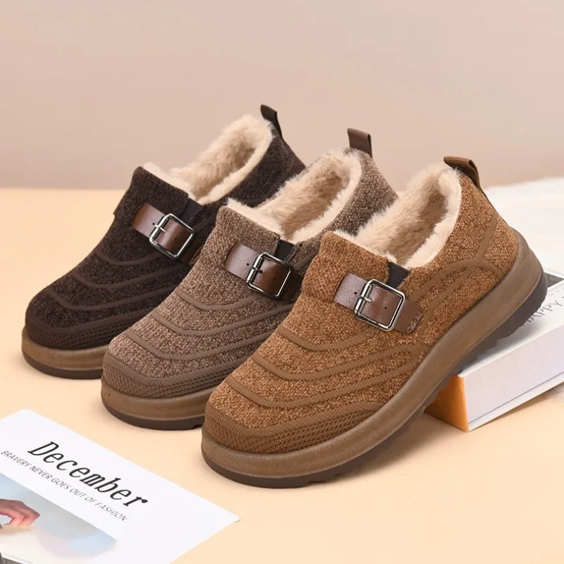 2026 Fashion Snow Boots Winter New Thicken Women Elderly Cotton Shoes Thick Sole Non Slip Round Toe Slip on Plush Warm FlatS