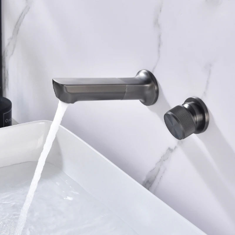 

Contemporary Dual Hole Basin Sink Faucet Wall Mounted Bathroom Pull Out Sink Faucet 1 Handle Cold and Hot Mixer Tap Gray