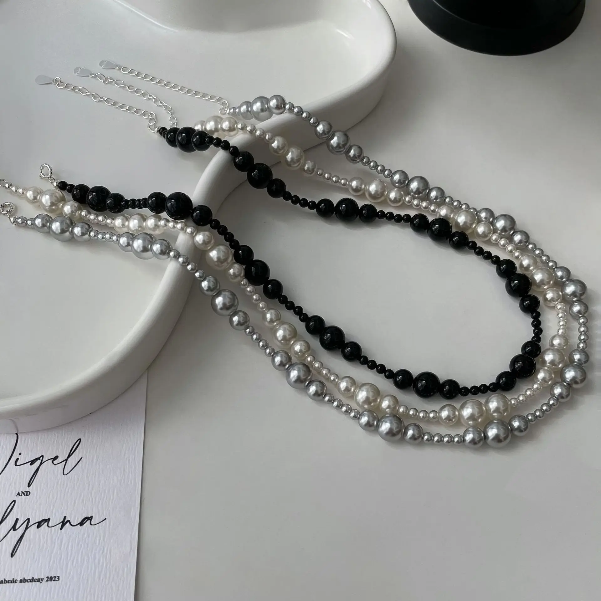 Nordic women's light luxury S925 pure silver black agate pearl irregular gradient bead necklace high-end collarbone chain