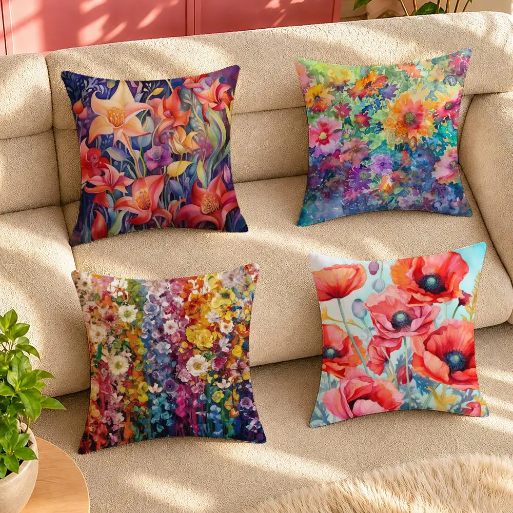 Stunning Colorful Floral Cushion Cover Case Anti-dustmite Pillowcase Invisible zipper silky short plush Sofa cushion cover
