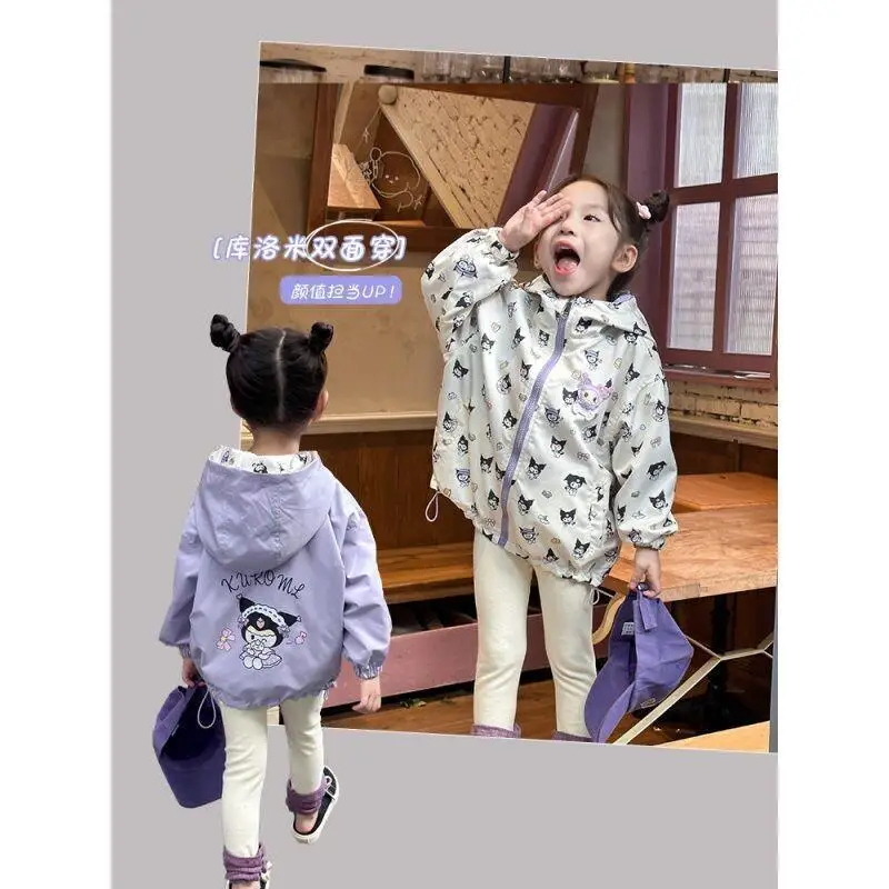 

Sanrio Kuromi Kid Plush Outdoor Jackets Cartoon Two Sided Jacket Anime Spring Autumn Thin Coat Cute Hooded Top Girls Gifts