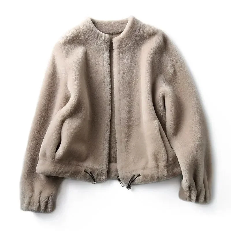 Abrigo de piel con cuello levantado integrado para mujer, Chaqueta corta suelta de felpa de imitación de conejo y visón, ropa de otoño e invierno, novedad de 2023