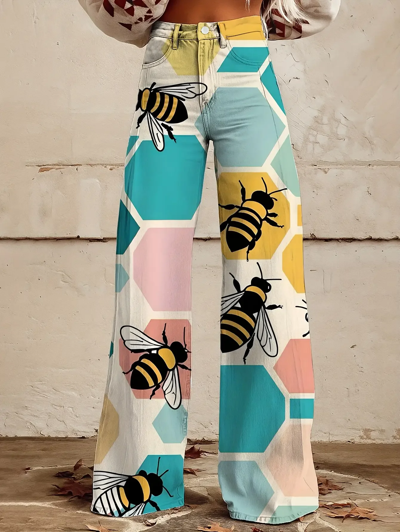 Women's printed exquisite pattern wide leg imitation jeans, lightweight casual pants, Ladies tie dye wide leg flared jeans