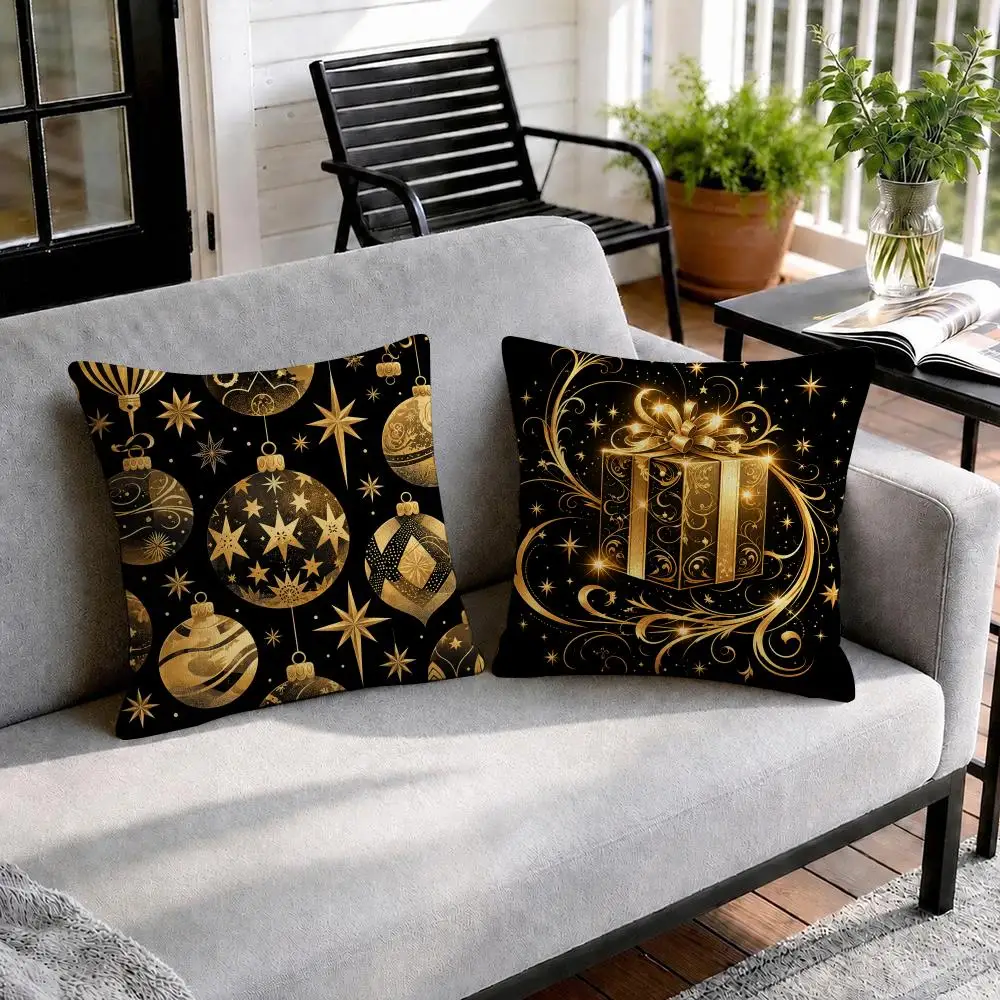 Golden Xmas Ornament Cushion Cover Natural Linen Organic Fabric Double-Sided Printing Sofa Home Decor Gift Pillow Cover